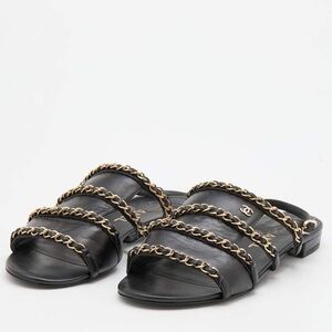 Chanel Black Leather Sandals with Gold Chains-Size 37C